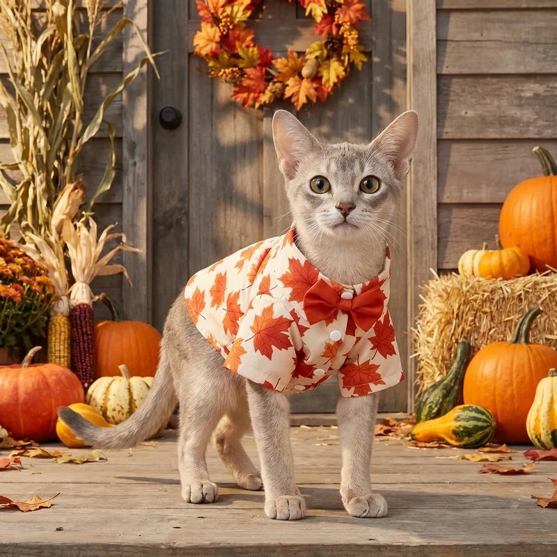 Maple Leaf Pet Shirt with Bowtie | Fall Thanksgiving Dog & Cat Apparel