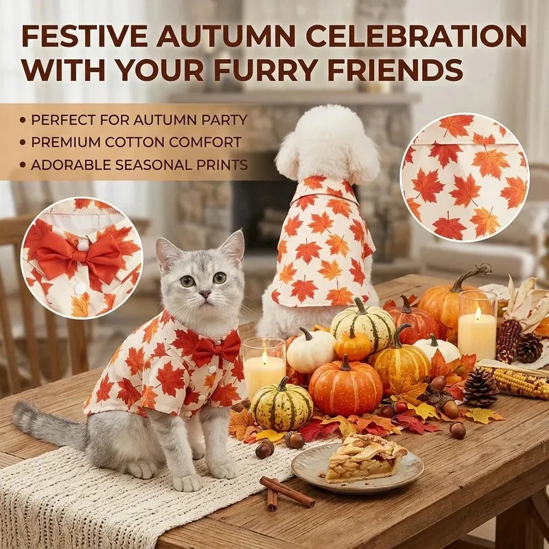 Maple Leaf Pet Shirt with Bowtie | Fall Thanksgiving Dog & Cat Apparel
