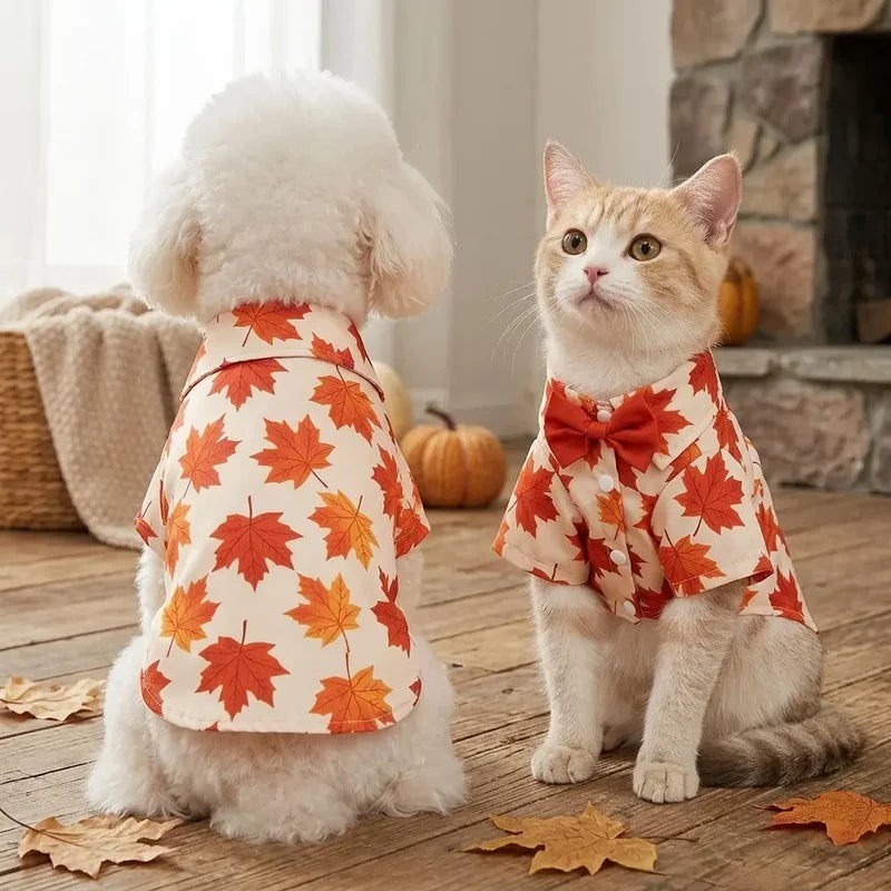 Maple Leaf Pet Shirt with Bowtie | Fall Thanksgiving Dog & Cat Apparel